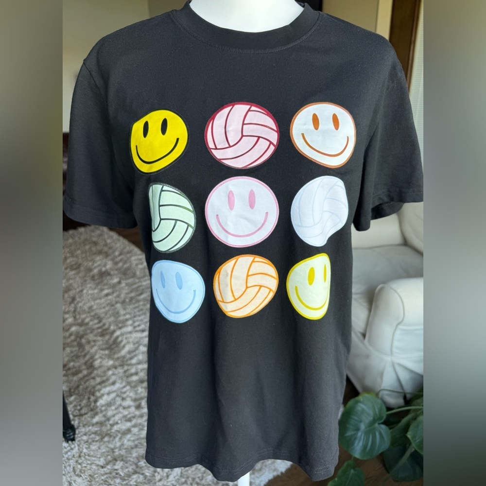 Black Volleyball Tee MEDIUM Smiley Face Graphic